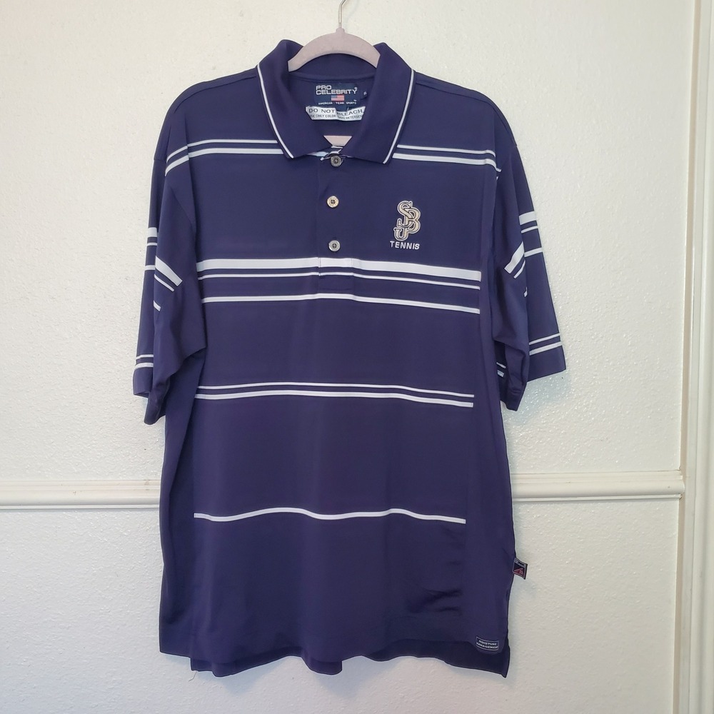Pro Celebrity Mens XL Navy Blue Striped SJP Tennis Polo Shirt Moisture Wicking